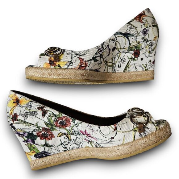 Gucci - Floral Canvas & Peep Toe Wedge Espadrilles w/ Box, Size EU 36 or US 5.5 - Picture 4 of 14
